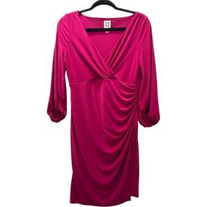 Anne Klein Dress Size 8  V-Neck Stretch Faux Wrap Dress 3/4 Sleeve Red